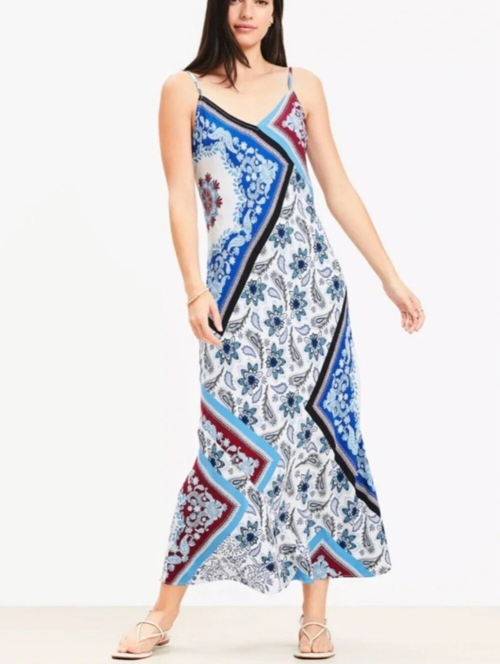 LOFT Blue White Tiled Strappy Bias Patchwork Floral Print Midi Dress Women's 8P